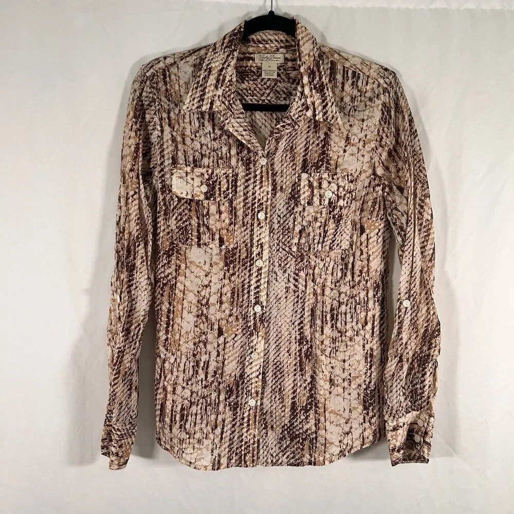 Lucky Brand Blouse Women's Medium Brown Scale Print Button Up Long Sleeve Light